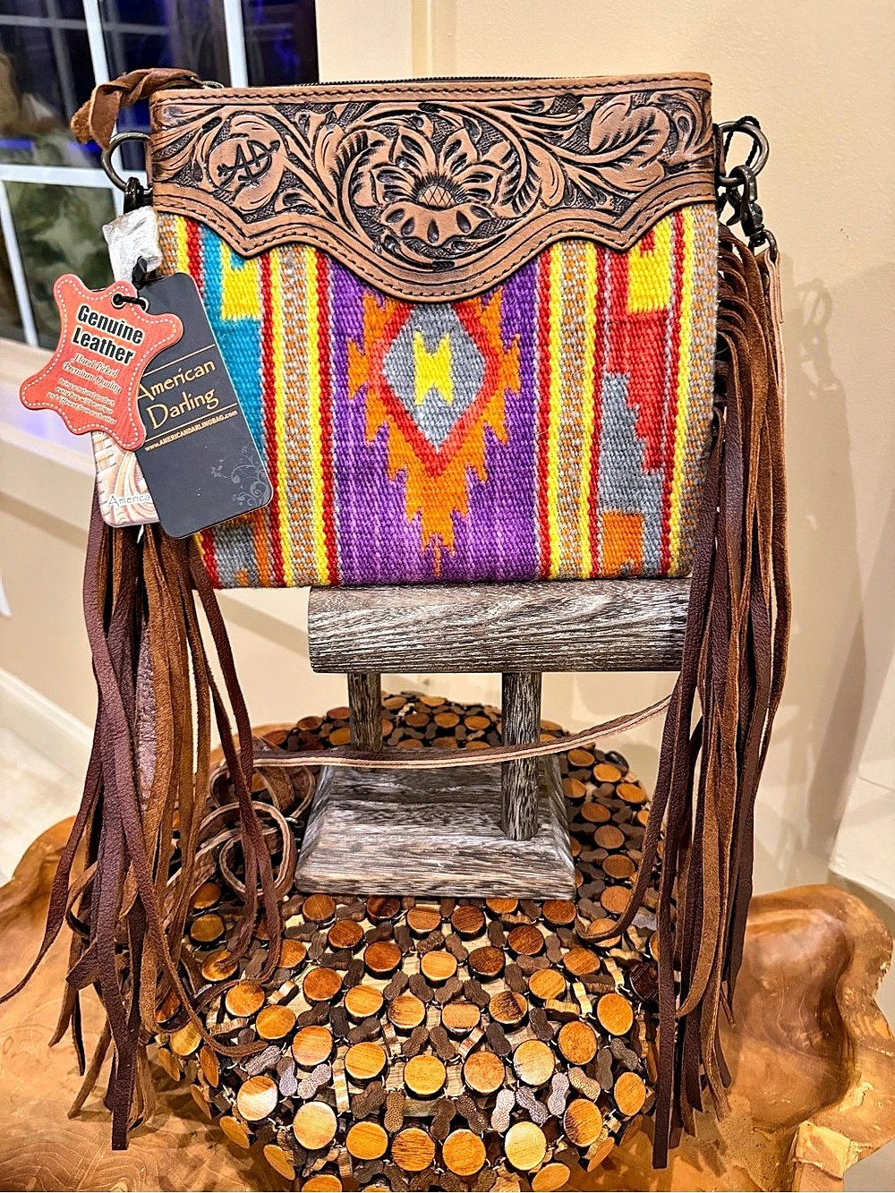 American Darling Tooled Leather Saddle Blanket Crossbody Bag Boho Western Clutch